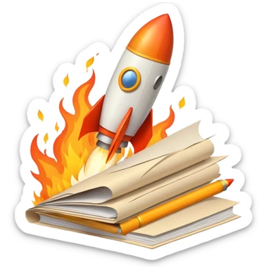 Rocket launching from stack of papers, fire trail, minimal flat design sticker