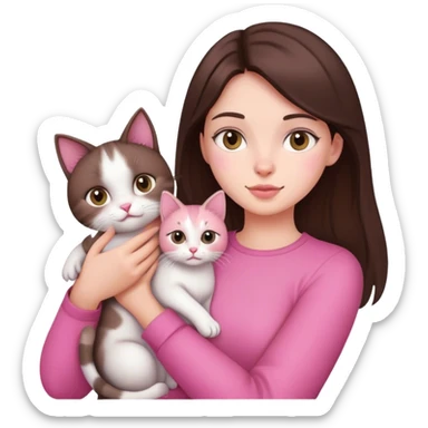 brunette girl wearing pink holding a cat  sticker