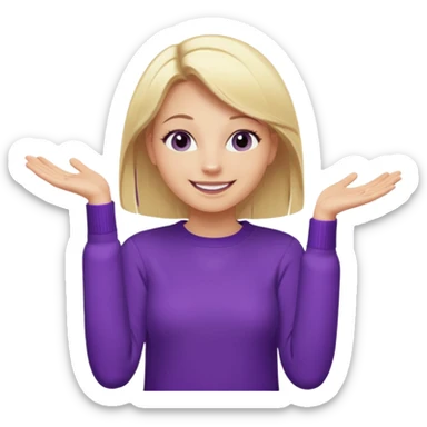 Emoji-style illustration of a joyful young woman, smooth, shiny, perfectly styled blonde hair, wearing a purple sweater, smiling widely with eyes sparkling, expressing happiness and excitement, cartoonish, expressive, simple lines, flat colors, clear silhouette sticker