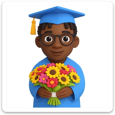 Transform the image into a male African American graduate with twists hairstyle, glasses, holding a bouquet, wearing cap and gown. Remove the background entirely for a clean isolated subject. sticker