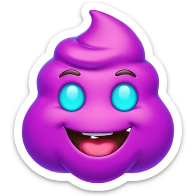 futuristic glowing poop emoji with funny smiling face, purple and cyan neon glow, dark background sticker