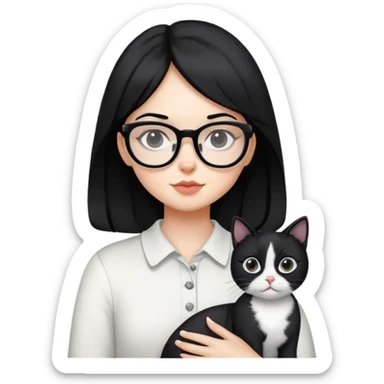 Girl with black hair wearing glasses holding a black and white cat sticker