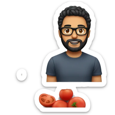 Designer with black hair, white skin, beard and glasses working with MacBook and tomato puree sticker