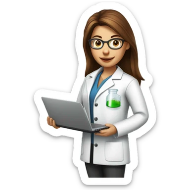 Female scientist with brown straight hair, round glasses, lab coat, holding a beaker and a laptop with a growth chart. Include elements of science and marketing sticker