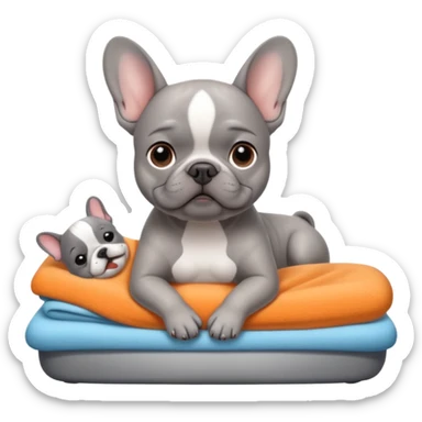 grey french buldog getting massage sticker