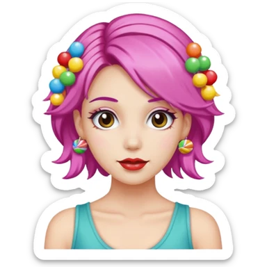 colorful hair woman with candy accessories, not holting a candy sticker