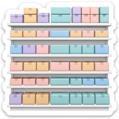 "Minimalist Japanese retail shelf display, products aligned identically across horizontal rows, vertically varied by type, clean spacing, precise symmetry, soft neutral lighting, aesthetic composition, highly organized, front-facing packages, ultra-detailed." sticker