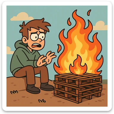 cartoon style bonfire made from a stack of wooden pallets, expressive flames, bold outlines, playful, colorful sticker