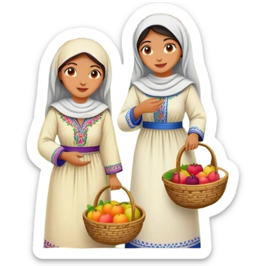 Palestinian women dressed in traditional embroidered thobes harvesting fruit in an orchard. Their vibrant and intricately designed dresses reflect deep heritage, while their coordinated efforts collecting fruit in a woven basket sticker