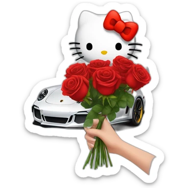 Hello kitty in porsche 911 gt3rs and bouquet of rose red in her hand sticker