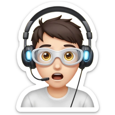 Cartoon character, surprised and blinded by flashbang, headset on, exaggerated eyes, bright white glowing effect, funny expression, Twitch emoji style, transparent background sticker