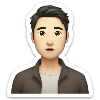 korean male early thirties short beard long brown hair sad expression sticker