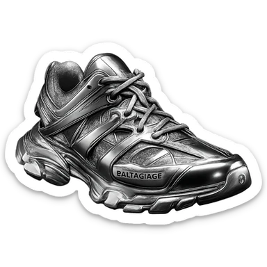 Balenciaga Track sneaker, angled view, chrome finish, modern and bold, simple background sticker