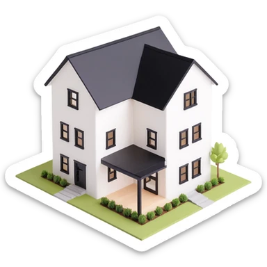 modern farmhouse dollhouse, white with black trim and wooden accents, 3d isometric  sticker