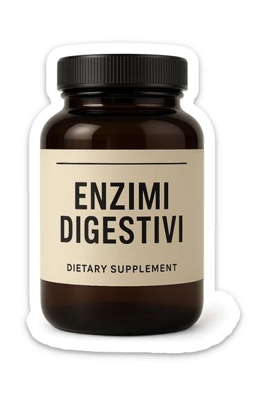 barattolo di integratore con la scritta "ENZIMI DIGESTIVI", iperrealistico 4k sticker