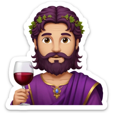 Bacchus, Wine God from Rome Mythology with long dark brown hair and beard, purple and burgundy outfit, sticker