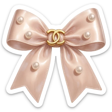 Remove the background, keep only the elegant bow with pearls and gold Chanel logo, glossy, pastel colors, realistic style, with no background. sticker