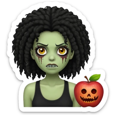 a female zombie with sage green skin, black long afro hair, eyelashes and a black tank top in apple emoji style sticker