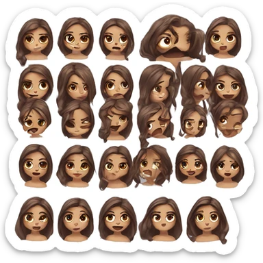 Design a series of Twitch emotes that showcase a bimbo character with long brown hair, big lips and pretty eyes in a series of different expressions sticker