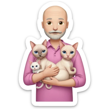 A bald white man in a shirt with a moustache and beard is holding a Siamese cat in his arms. Next to him stands a woman with light hair in a pink dress, holding a white Sphynx cat in her arms sticker
