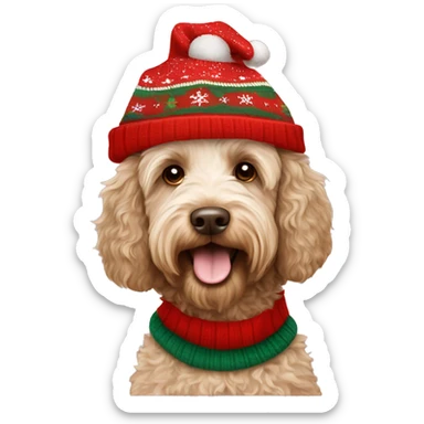 australian labradoodle in christmas sweater and hat sticker