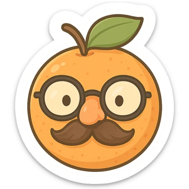 an orange fruit wearing a funny disguise, such as glasses and a mustache sticker