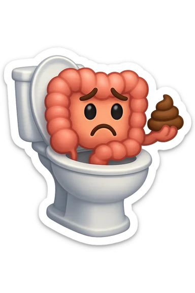 emoji stile iphone di un intestino che esce dal wc con in mano una montagnetta di feci con espressione triste a palline sticker