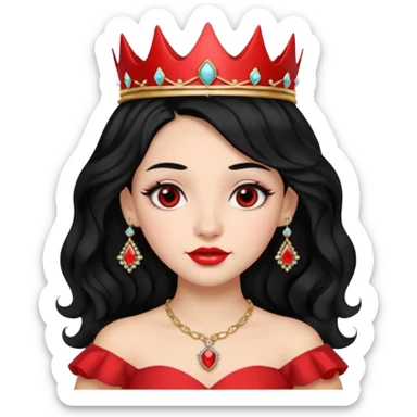una chica con el pelo negro y un poquiiito rojo , ojos negros nariz con un arito en forma de argolla y labios intermedios con el pelo con ondas tipo peluquería y una corona utilizando un vestido blanco de quinceañera .  sticker