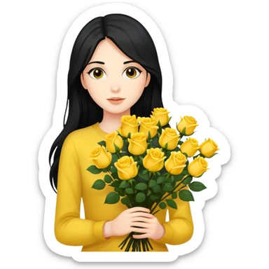 Beautiful girl with long black hair holding a bouquet of yellow roses sticker
