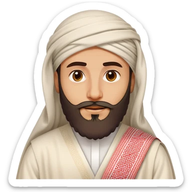 Saudi man emoji style, wide beard, angular features, white thobe, red shemagh, welcoming expression sticker