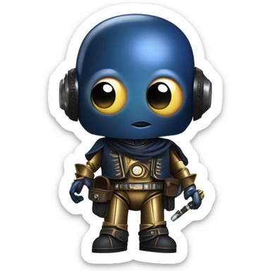 darkblue-pearl friendly smiling bounty hunter c3po droid wearing leather wild west duster, backpack, saddlebags and light saber ready to fight at ease. steampunk sticker