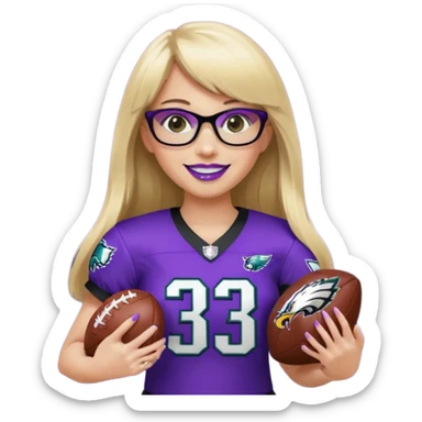 full length women wearing eagles uniform, long blonde hair, blunt bangs, black glasses, holding football, number 33, smiling, purple lipstick sticker