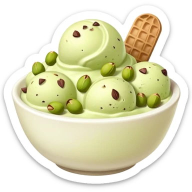 I want a emoji of pistachio ice cream with pistachio on top and some chocolate chips , make sure it’s in a bowl and aesthetic in a white bowl and make it look a little bit more green sticker
