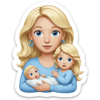 Wavy blonde, white woman with blue eyes, freckles hoop earrings, holding babies sticker