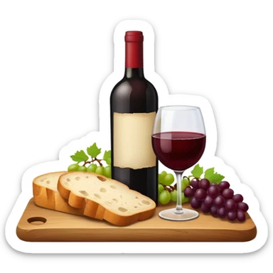 Make me some wine with bread and grapes, Do it on a board, so it looks elegant sticker