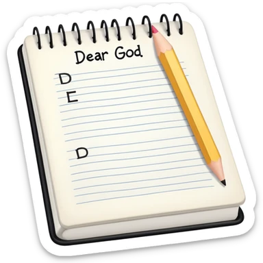 Open notebook with "Dear God" written at top of page and pencil beside it sticker