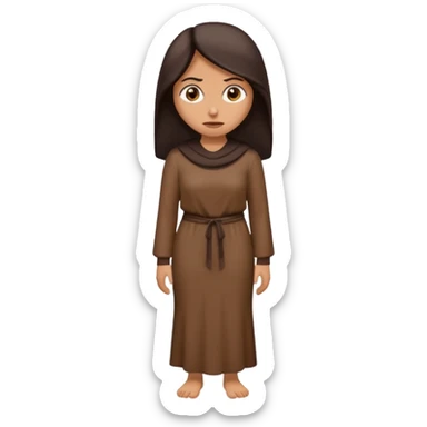 Cartoon emoji of a Middle Eastern-looking woman with long, loose dark hair, wearing chocolate-colored clothes. Full-height, standing, nervous, unsure, worried expression. Slightly hunched, anxious posture. Smooth, simple, stylized. sticker