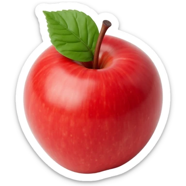 glossy red apple with a leaf, skeuomorphism icon style, realistic shine and depth sticker