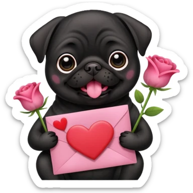 black pug holding valentine’s day card and flowers sticker