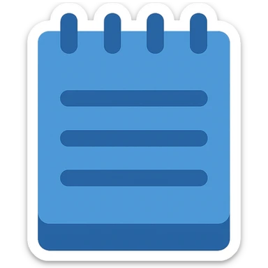 Recreate the notepad icon in a flat, modern blue style consistent with previous icons. Use almost exclusively shades of blue, with a fully transparent background. The icon should feature a simple notepad with a blue cover, blue rings, and blue lines, ensuring the notepad is clearly visible and not overly transparent. Use clean, simple lines, minimal use of other colors, and prioritize clarity and consistency with the other icons. sticker