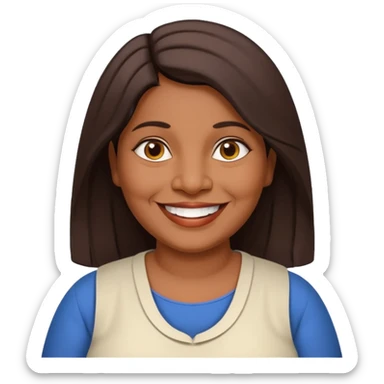 50 yr old chubby Sri Lankan woman, dark skin, straight brown hair, big smile, white teeth, european clothes, shoulder length hair sticker