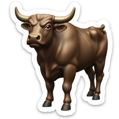 An emoji-style image of a bull resembling the Charging Bull statue. The bull should have a strong, muscular build, aggressive stance, and prominent horns. The bull should be brown with a shiny finish to mimic the bronze statue. sticker