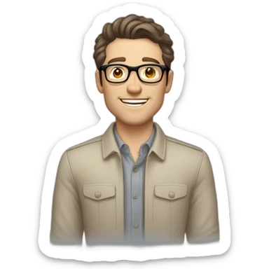 Joyful Pale skinned Fit Man With dark brown hair in gray jacket, beige office shirt, Brown pants and vintage glasses. His thrumbs up sticker
