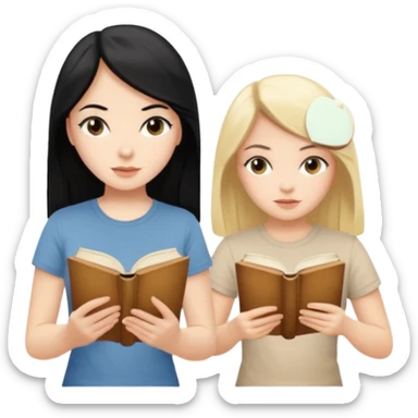beautiful white girl with black hair in beige t-shirt and beautiful blonde girl with long hair in beige t-shirt reading beautiful vintage book sticker