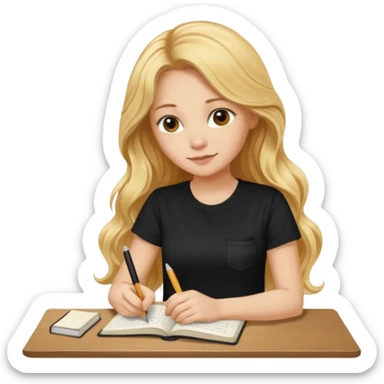 A beautiful blonde with long wavy hair in a black T-shirt sits and writes in a diary with a brown pen without table  sticker