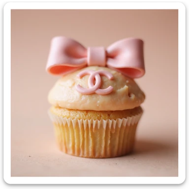 photorealistic pastel peach Chanel cupcake with a pink bow and edible Chanel logo, no background sticker