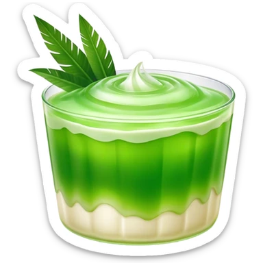 Cinematic Realistic Coconut Pandan Jelly Dessert Emoji, showcasing a delicate, translucent jelly infused with coconut and pandan rendered with lifelike detail and soft, tropical lighting. sticker