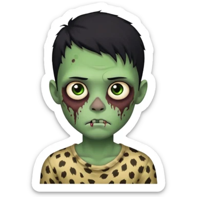 Zombie boy with green skin and sleepy eyes and scars on his face and a shirt that has cheetah texture and black hair sticker