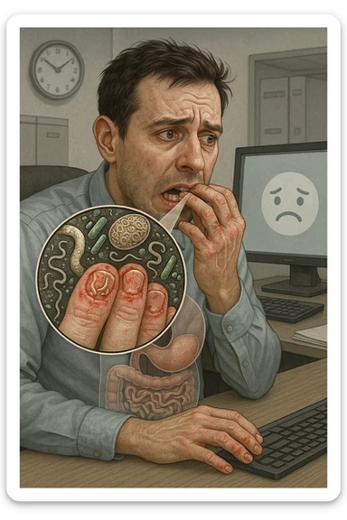 Anxious man at office desk unconsciously biting fingernails, microscopic overlay showing parasitic eggs and bacteria concentrated under nail beds, worms and microorganisms being consumed with each bite, expression of nervous habit unaware of contamination, computer screen reflecting his stress while he infects himself, fingertips raw and bleeding from chronic nail-biting, invisible parasite colonies entering his digestive system sticker