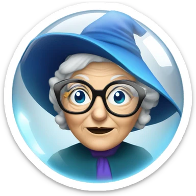 smart granny witch with glasses and blue hat in crystal ball sticker